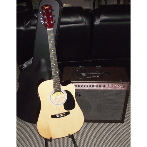 16 - Squier SA-105CE NA Electro-Acoustic Guitar (Natural) with hard carry case virtually new + Fame AE 60... 