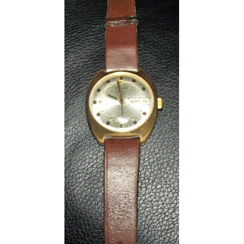 19 - unusual vintage sunray etched case Sekonda Automatic gold plated 27 jewels USSR date function Gents ... 