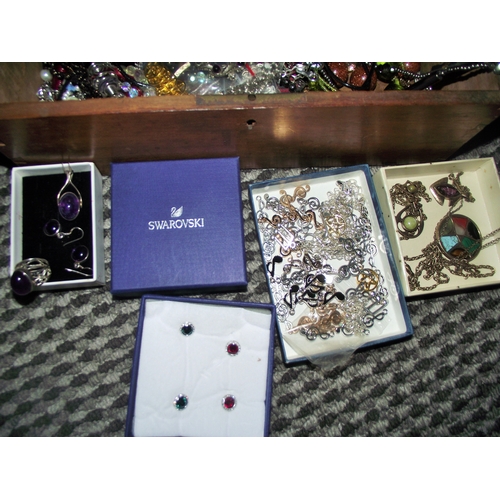 28 - Good collection of assorted costume jewellery in a oak lockable 19thc box with key + 2 pairs Swarovs... 