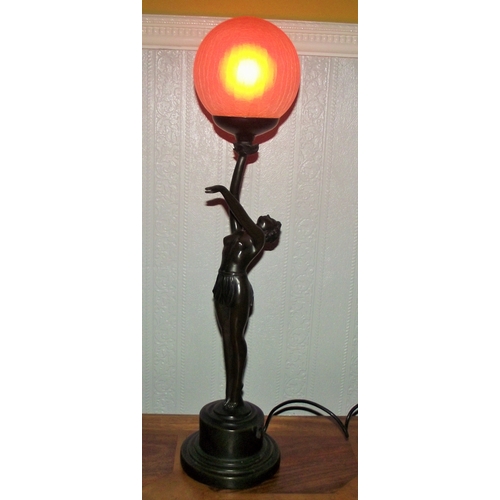 69 - Art Deco bronze style patinated figure of a lady holding a ball lamp ( seen working ) must be checke... 