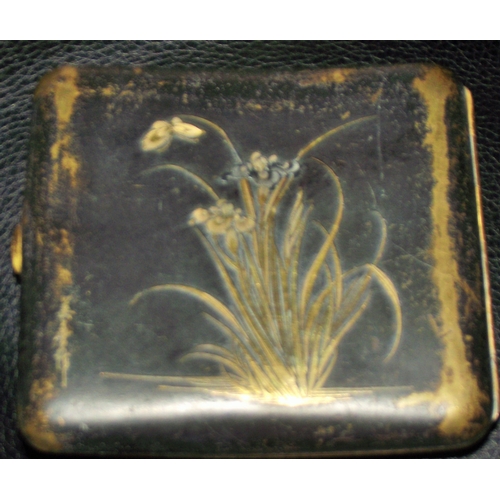 74 - Japanese vintage metal cigarette case in Komai style depicting cranes anong reeds and flowers decora... 