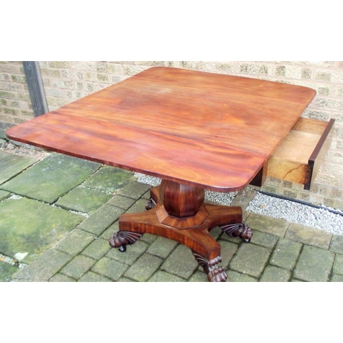 86 - Lovely quality mahogany Antique drop leaf console / dining table with single drawer on single column... 