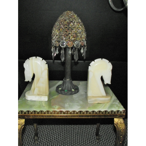 92 - Onyx and brass side table + unusual crystal stone shaded candle stand + pair of onyx horse head book... 