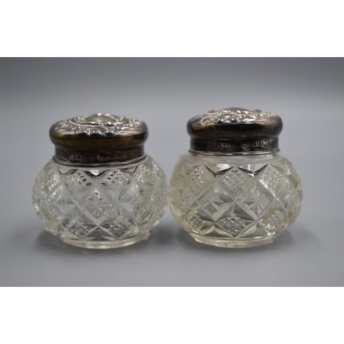 82 - Two Crystal Salts with Hallmarked Birmingham Silver Lids (9.1g both lids)