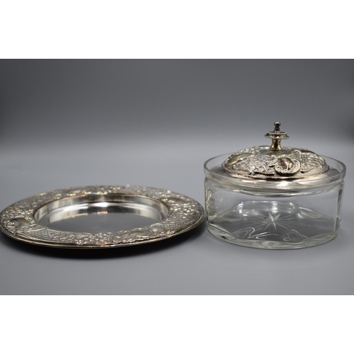 99 - Glass Butter Dish with Silver Plated Lid and Plate