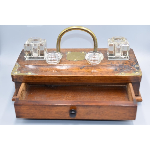 128 - Antique Victorian or Edwardian Oak Desk Set with two glass inkwells.