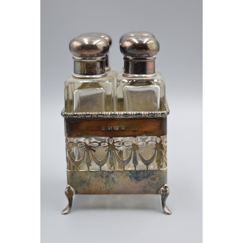 131 - Four Glass Perfume Bottles with Hallmarked Birmingham Silver Stand (1913) (Silver Stand Only 76.2g)