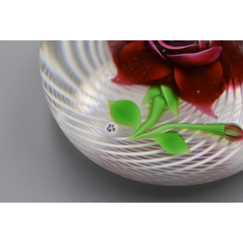 28 - Baccarat Red Rose Paperweight Mount in White Swirl with cane Dated 1975 Marked on Rear 109/150 1976