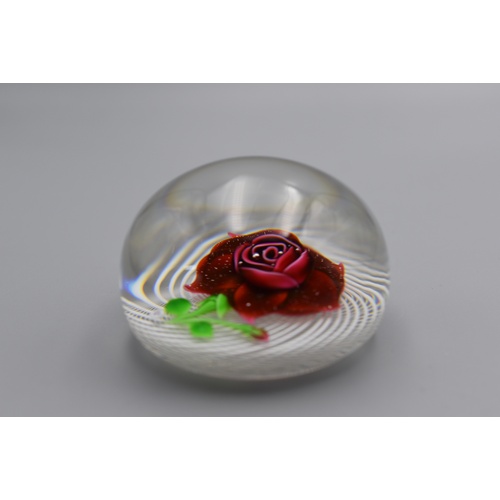 28 - Baccarat Red Rose Paperweight Mount in White Swirl with cane Dated 1975 Marked on Rear 109/150 1976