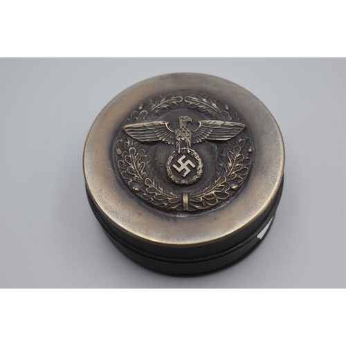 159 - WWII German Nazi Screw top Snuff Box with Swastika on the front and Faint Inscription on the Reverse