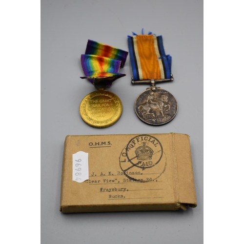 160 - Two WWI Medal's awarded to PTE J A K Roibinson 22221 with Ribbons and Box