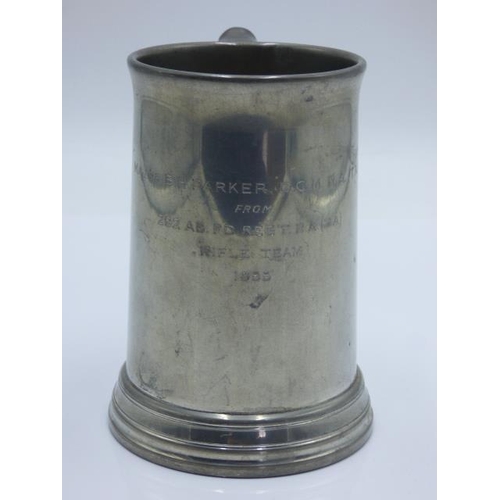 167 - Glass Based pint tankard by James Dixon & Sons Sheffield. Engraved Major BH Parker DCM. RA, (T.A) fr... 