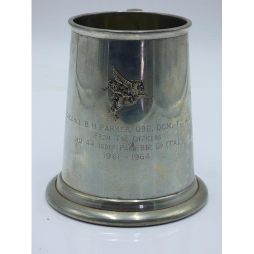 167 - Glass Based pint tankard by James Dixon & Sons Sheffield. Engraved Major BH Parker DCM. RA, (T.A) fr... 