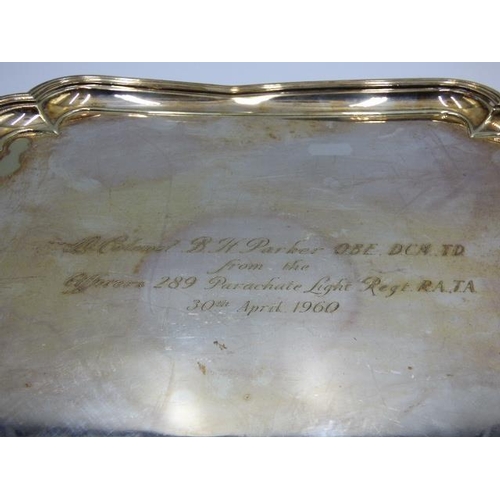 198 - Large Silver plated serving tray with presentation engraving to Lt Colonel B.H Parker OBE, DCM, TD f... 