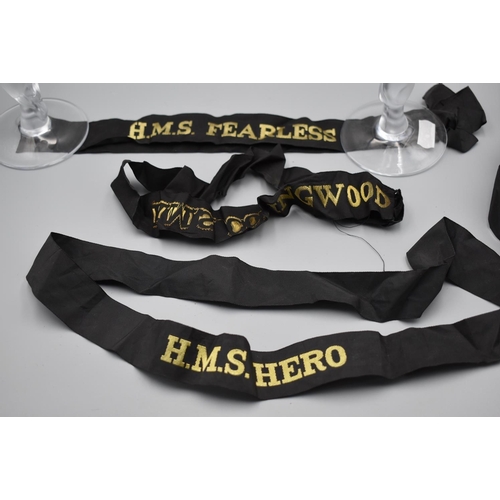 63 - Three different Royal Navy cap tallies/ribbons. HMS Hero, Fearless and Collingwood