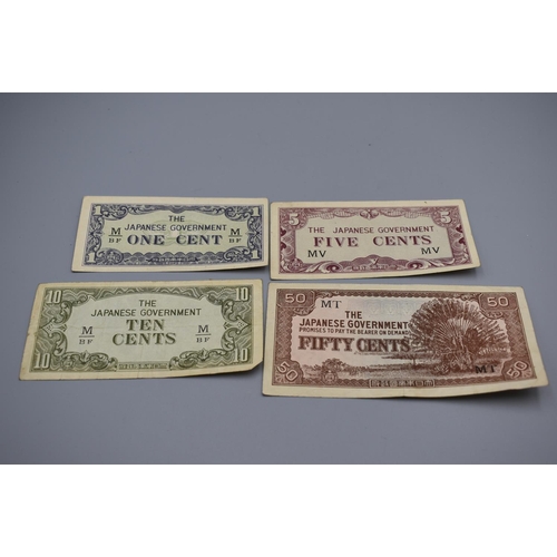 73 - Four WWII Japanese government banknotes. 50, 10, 5 and One cent