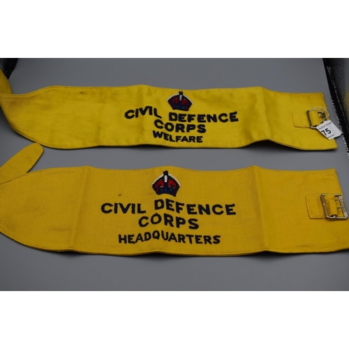 75 - Two Home Front civil defence corps embroidered armbands. Welfare and Headquarters