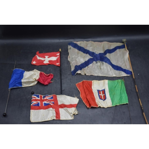 77 - Five Different old small silk flags including Royal Navy, France and Sardinia plus 2 others