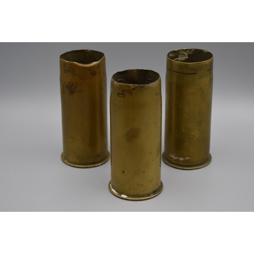 79 - Three WWI Brass shell cases - 2 German marked 1917 Patronenfabrik Karlsruhe