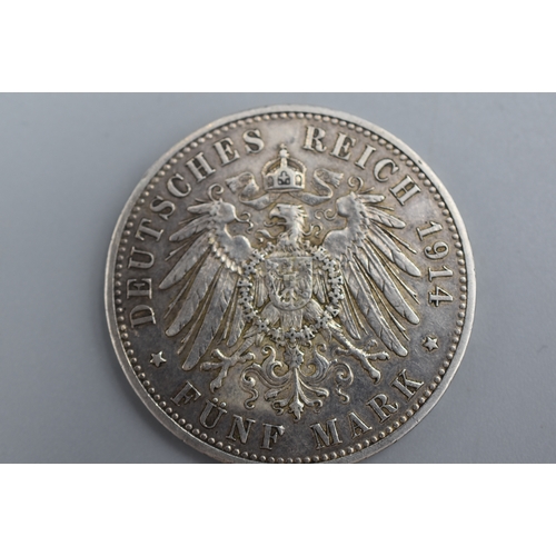 75 - German 25th Anniversary of the Reign of King Wilhelm II Silver 900 1914 5 Mark Coin