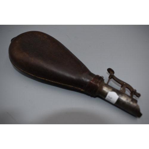 209 - Steel and Leather 19th Century Powder Flask (20cm Long)