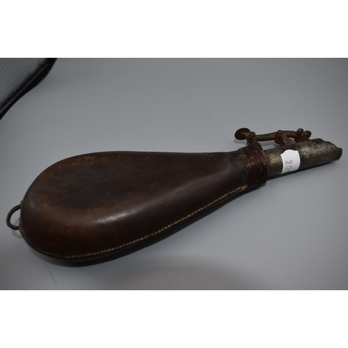 209 - Steel and Leather 19th Century Powder Flask (20cm Long)