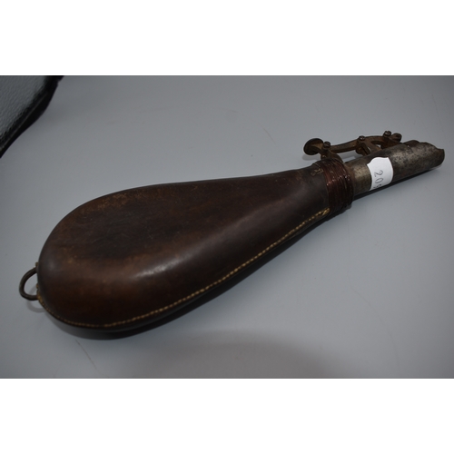 209 - Steel and Leather 19th Century Powder Flask (20cm Long)