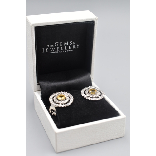 66 - Silver 925 Circular Diamante Yellow Stoned Earrings in Presentation Box