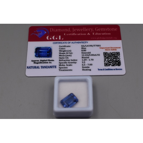 101 - Natural Blue Tanzanite in Emerald Cut (8.8ct) Complete with Certificate of Authenticity.