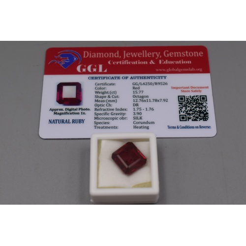 103 - Natural Red Ruby in Octagon Shape (15.77ct) Complete with Certificate of Authenticity