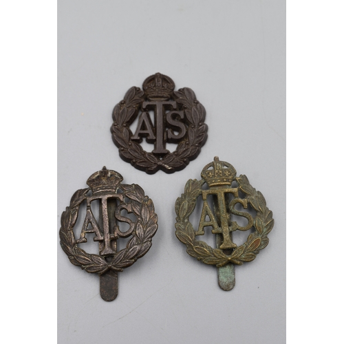 33 - Three ATS Hat Badges (2 Brass & 1 Bakelite Last Missing Slider)