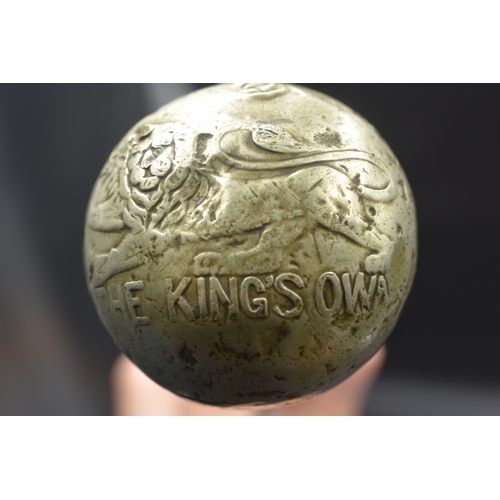 63 - The Kings Own Cane Walking Stick, WW2 or earlier with White Metal Knob embossed with Regimental embl... 