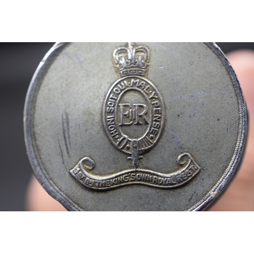 64 - Kings Own Regiment 1st Battalion, short blackened cane pace stick with Regimental emblem embossed on... 