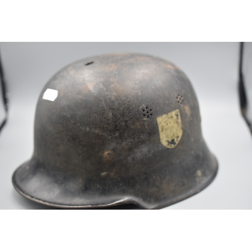 74 - WWII German Double Decal Fire Helmet with Liner and Chin Strap. Marked DRP, Hale on Lower Rear