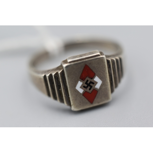 161 - WWII Silver Hitler Youth Finger Ring, small stamped marking inside. No damage to Enamel