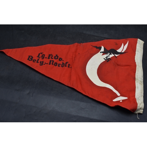 185 - WWII Luftwaffe Kill Pennant in Belgium - North France (54cm x 37cm) (L shaped tear on One Side)