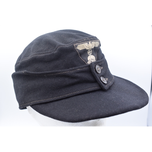 196 - WWII German SS Black Wool Ski Cap with Original Badge  (Large Size)