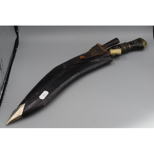 199 - Gurkha Kukri Knife with 2 small Skinning Knives and Leather Covered Scabbard