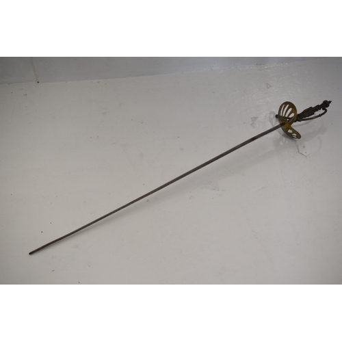 259 - Rapier sword with a brass hilt. Blade etched with a battle scene and scrolls. (100cm long) A/F