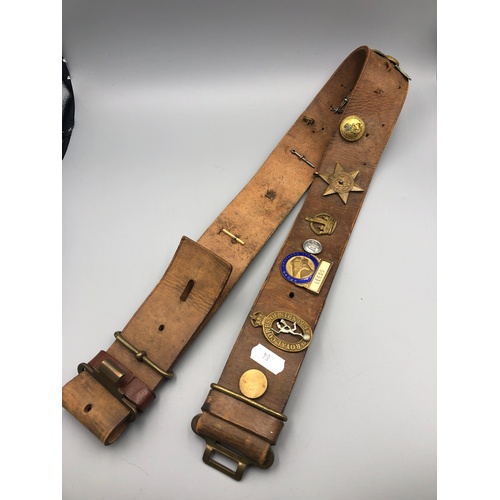 84 - Brown Leather and Brass British Army Soldiers Belt complete with attached buttons, badges, etc Inclu... 