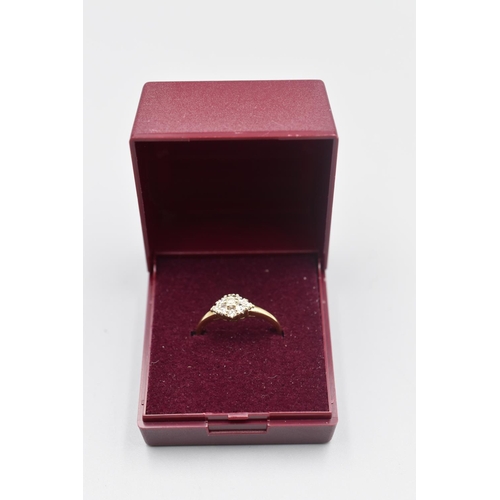 66 - Hallmarked Birmingham 375 Gold and Diamond Cluster Ring (Size O) Complete with Presentation Box