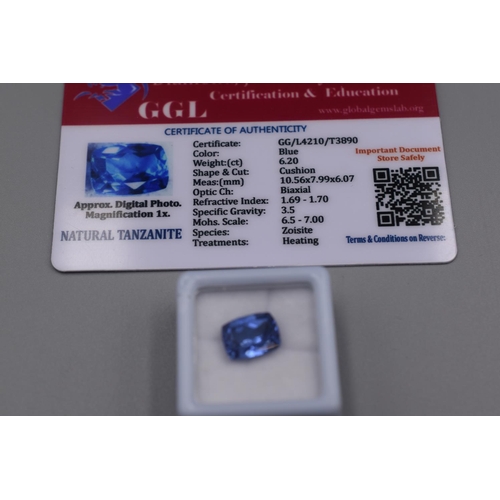 77 - Natural Blue Tanzanite in Cushion Shape (6.20ct) Complete with Presentation Box