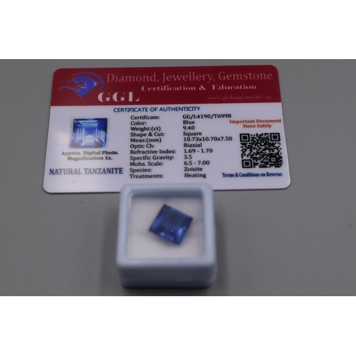 78 - Natural Blue Tanzanite in Square Shape (9.4ct) Complete with Certificate of Authenticity