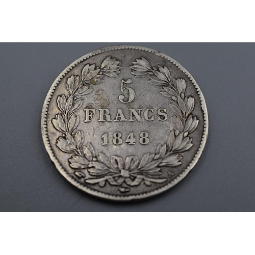 93 - Louis Philippe I Silver 900 1848 5 Franc Coin