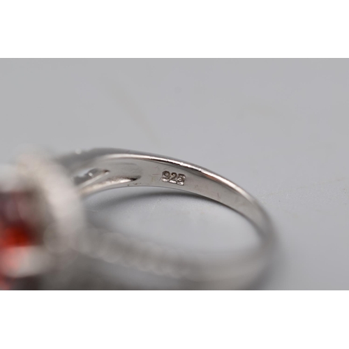 20 - Silver 925 Red Stoned Diamante Style Ring (Size K) Complete with Presentation Box