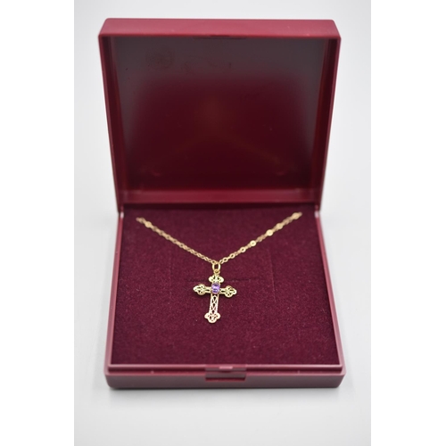 57 - 9ct Gold Cross Pendant with Amethyst Stone on Chain in Presentation Box