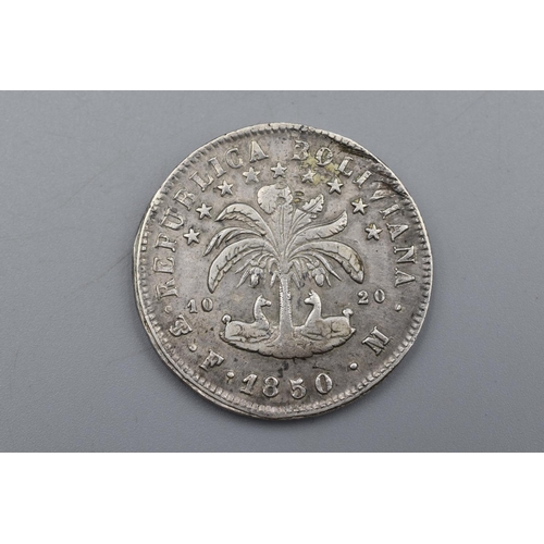 66 - Republic Of Bolivia 8 Soles Silver 1850 Coin