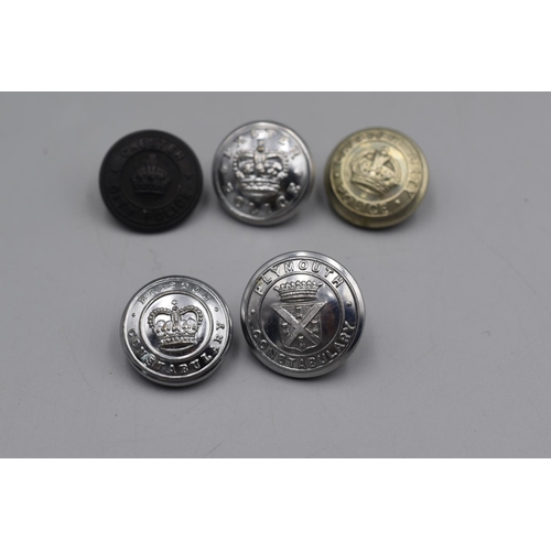 73 - Five British Police Uniform Buttons, Bristol, Exeter, Plymouth and 2 Chester City