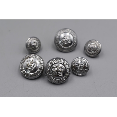 77 - Six Police Uniform Buttons, West Mercia, Northumberland, Durham, Lincolnshire, Sussex and Isle of Ma... 