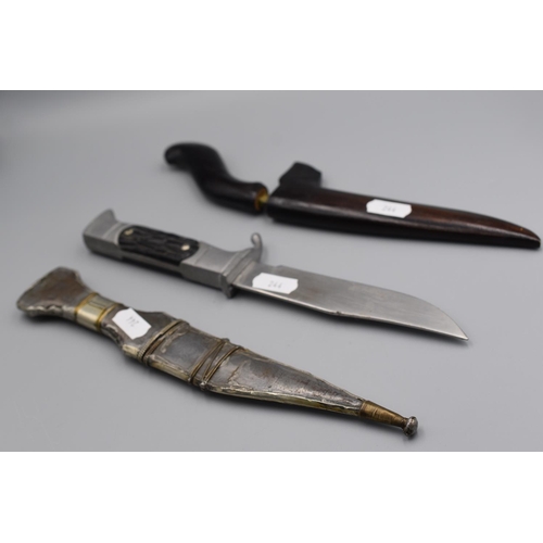 244 - Selection of 3 Knives, One with Jewelled Sheath, One with Brass Blade and Wooden Sheath and Other